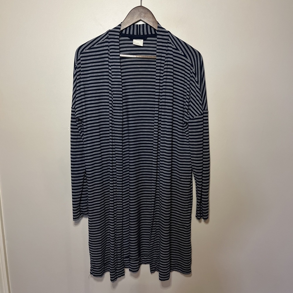 Soma Women Open Front Cardigan Navy White Stripe Jersey Knit Pockets Small